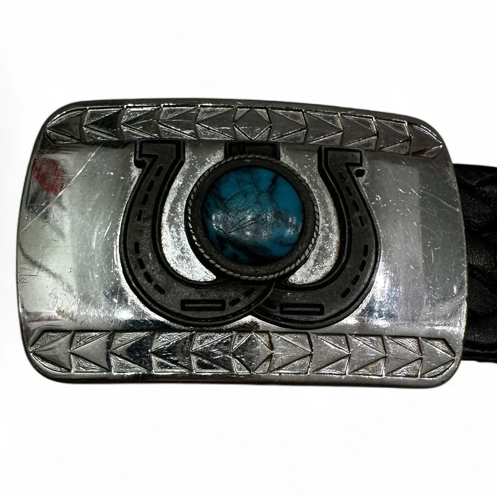 Vintage Western‎ Braided Leather Belt 38 Horseshoe Turquoise Buckle USA Made